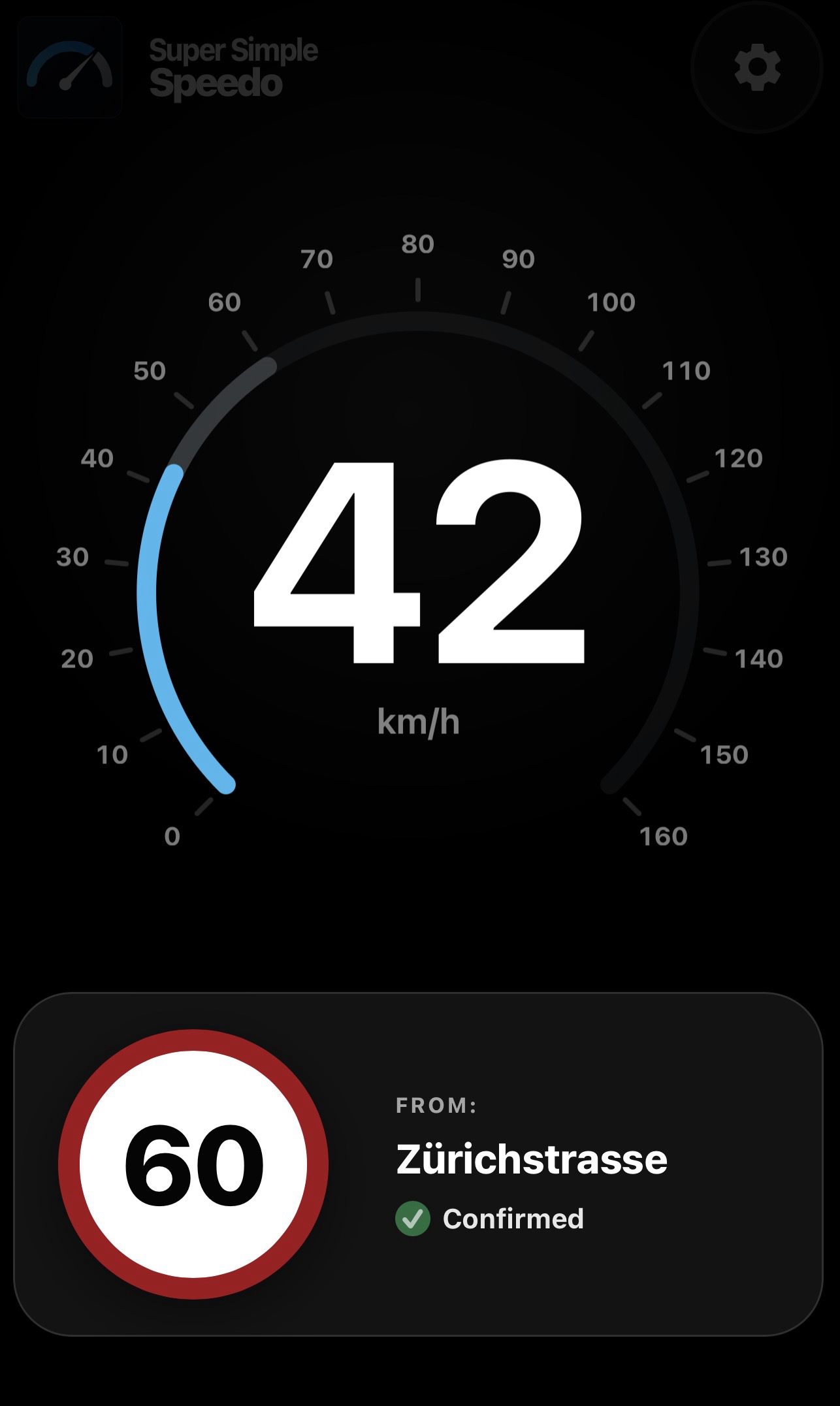 Super Simple Speedo in dark mode with a confirmed road and speed limit